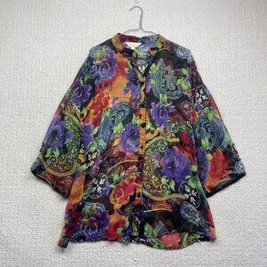 Pia Rossini Resortwear Colorful sheer Button Up Blouse Boho Mandala Women Sz S/M
